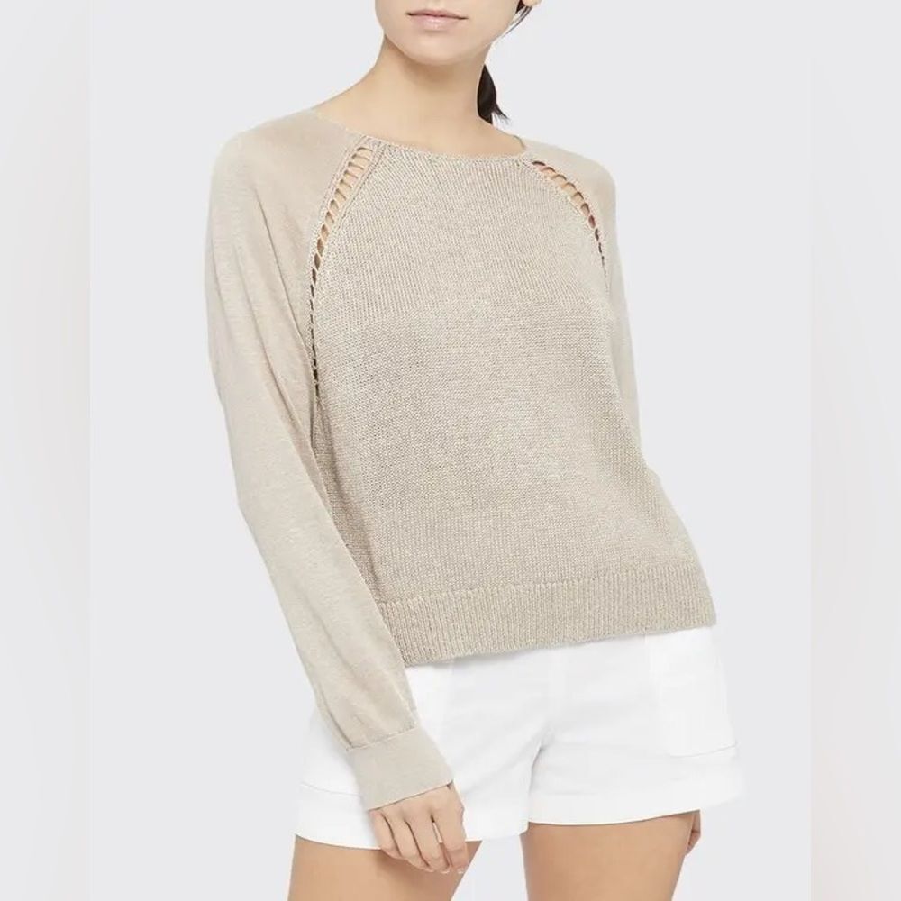 Theory Women’s Tan Linen Sweater Sz S Crochet Office Luxury Chic Vacation Beach